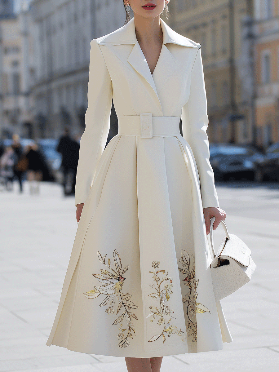 Ivory Belted Floral-Embroidered Trench - Coat Dress