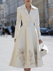 Ivory Belted Floral-Embroidered Trench - Coat Dress