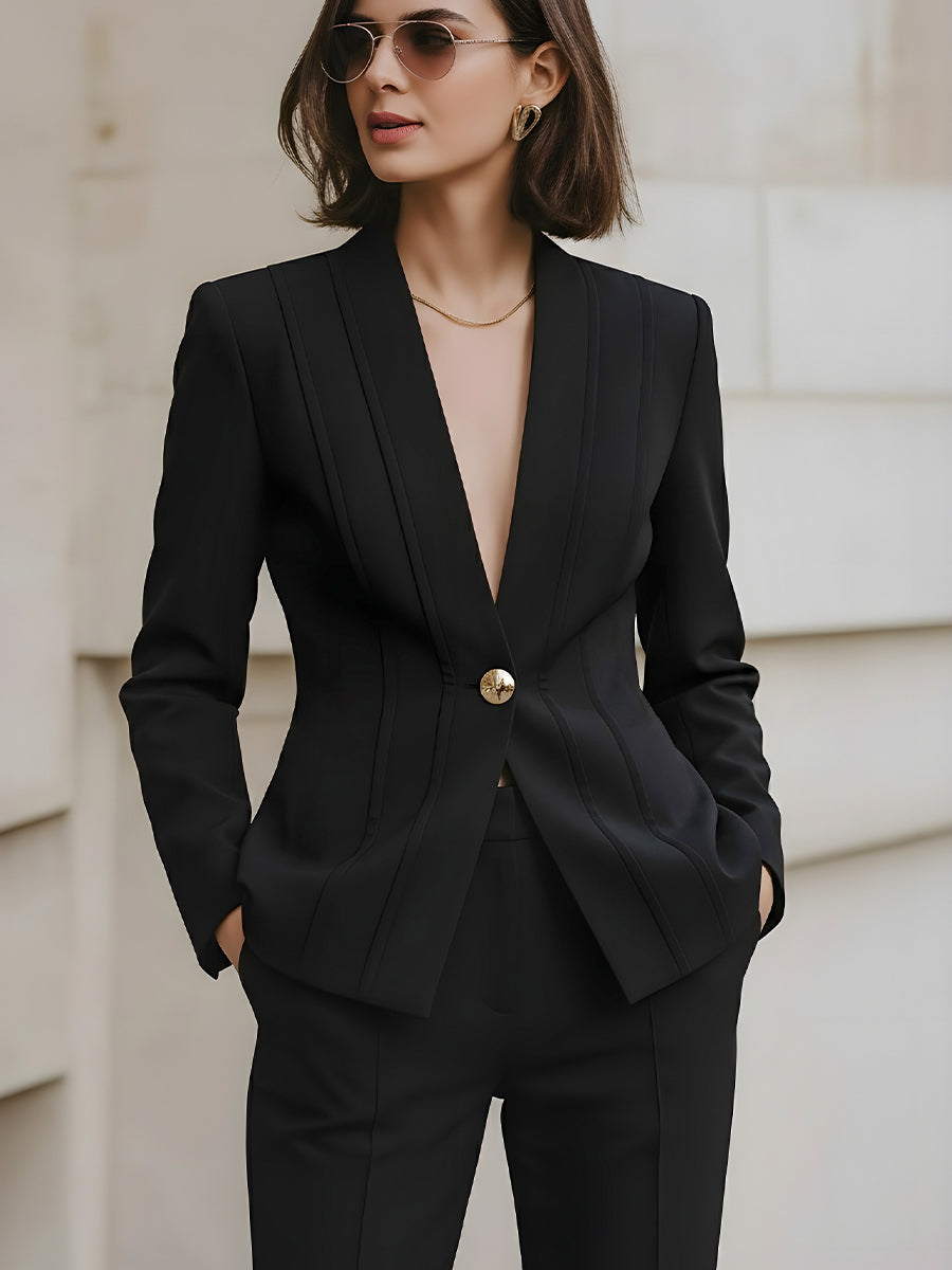 Deep Plunge V-Neck with Statement Gold Button - Blazer