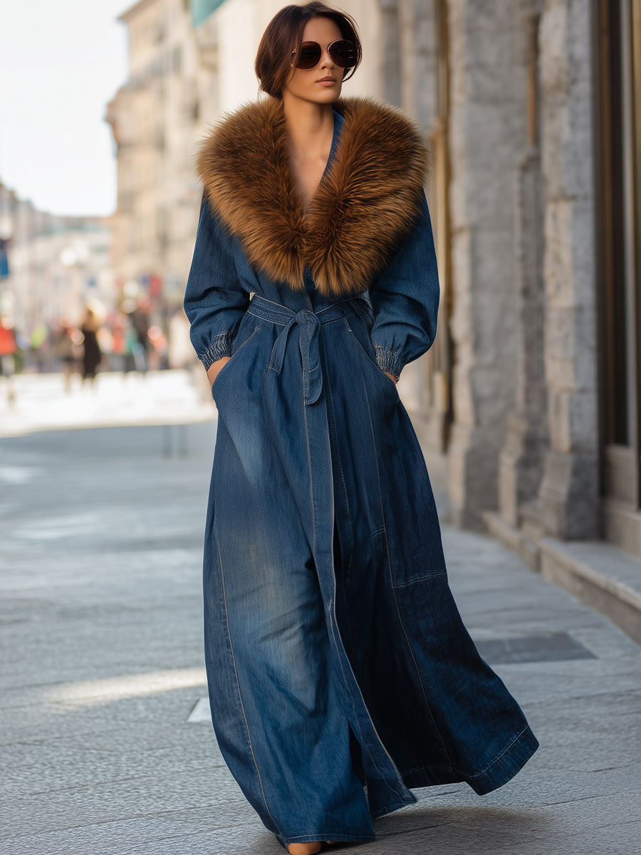 Women's Faux Fur Collar Longline Denim Coat - Denim Coat