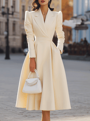 Structured-Shoulder Ivory Longline Blazer-Style - Midi Dress
