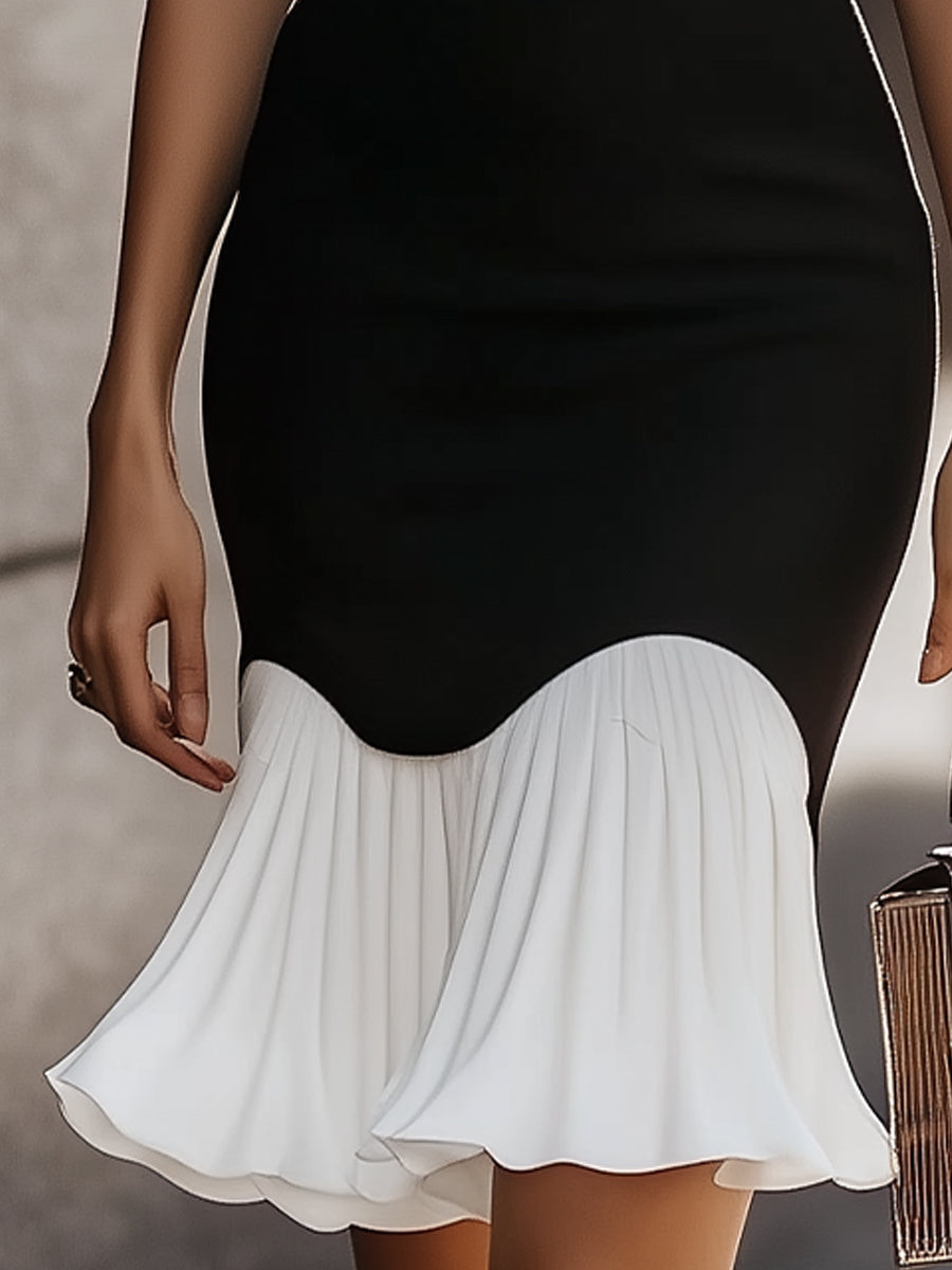 Elegant Black and White High-Neck Colorblock - Midi Dress