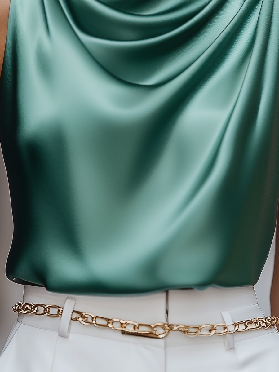 Teal Satin Drape Neck - Women's Blouse