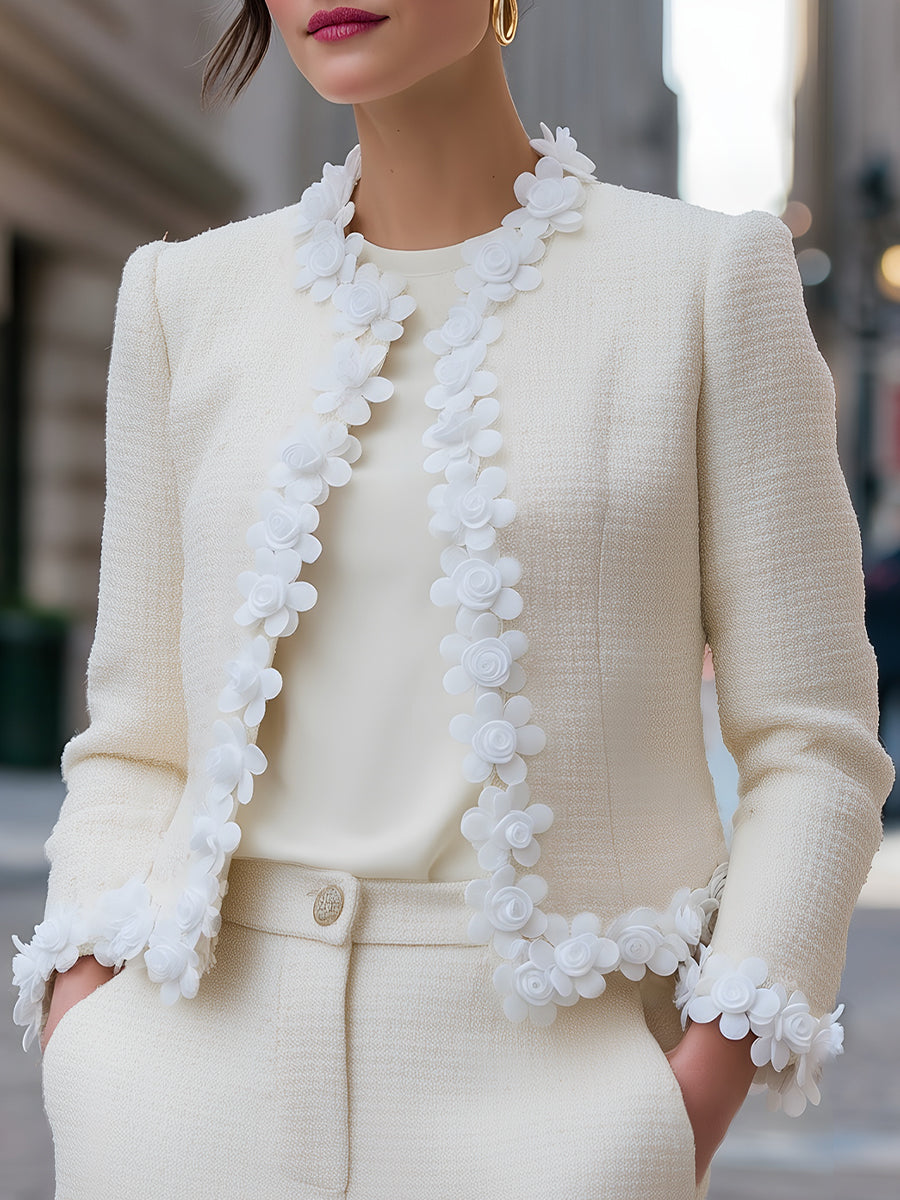 Tweed Jacket With 3D Floral Appliqué Trim - Jacket