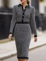 Houndstooth Knit With Contrast Collar - Midi Dress