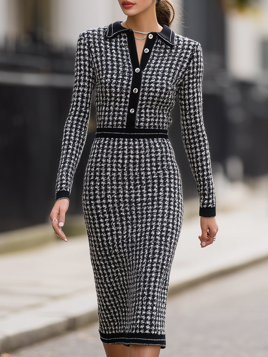 Houndstooth Knit With Contrast Collar - Midi Dress