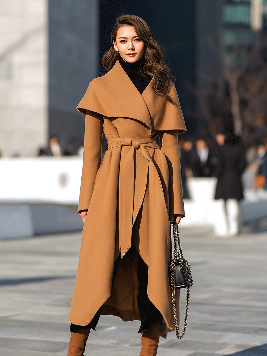 Camel Waterfall Drape Belted Waist - Long Coat