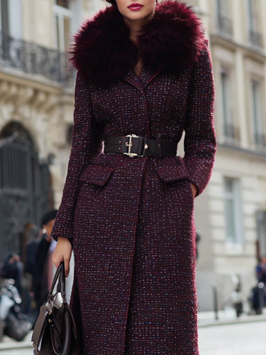 Burgundy Tweed With Faux Fur Collar And Belted Waist - Coat
