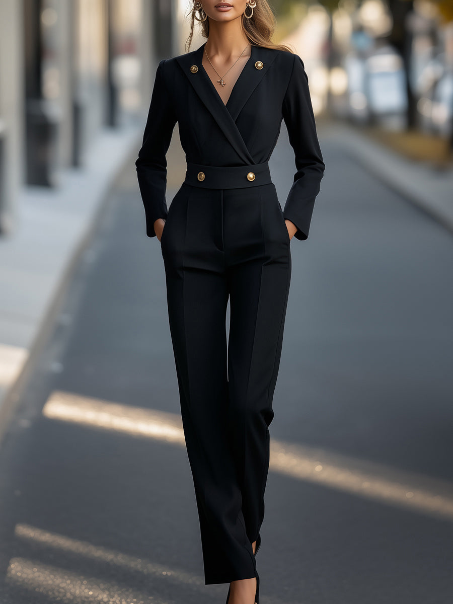Tailored Gold-Button Detail, Waist-Defining - Jumpsuit