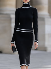 Black Ribbed Knit With White Contrast Trim - Midi Dress