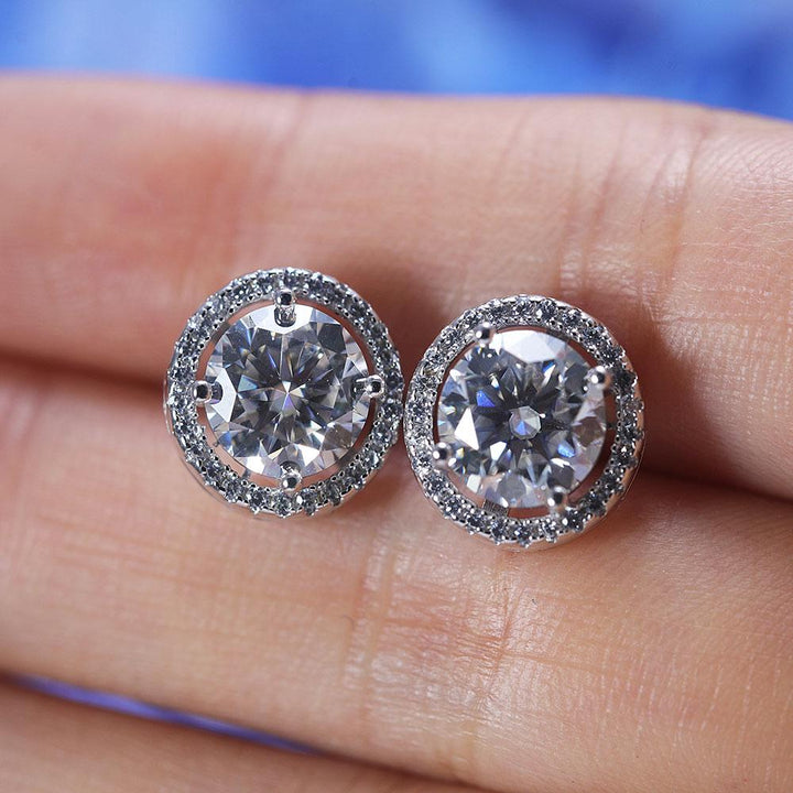 D Color Moissanite Round Cut Halo Design Sterling Silver Stud Earrings Shine of Diamond