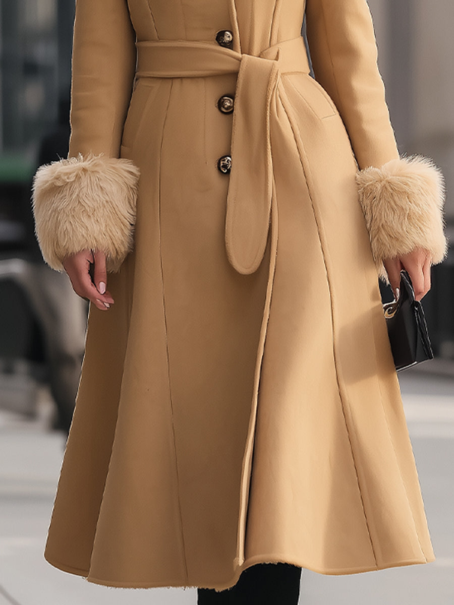 Chic Camel Colored Faux Fur Trim - Trench Coat