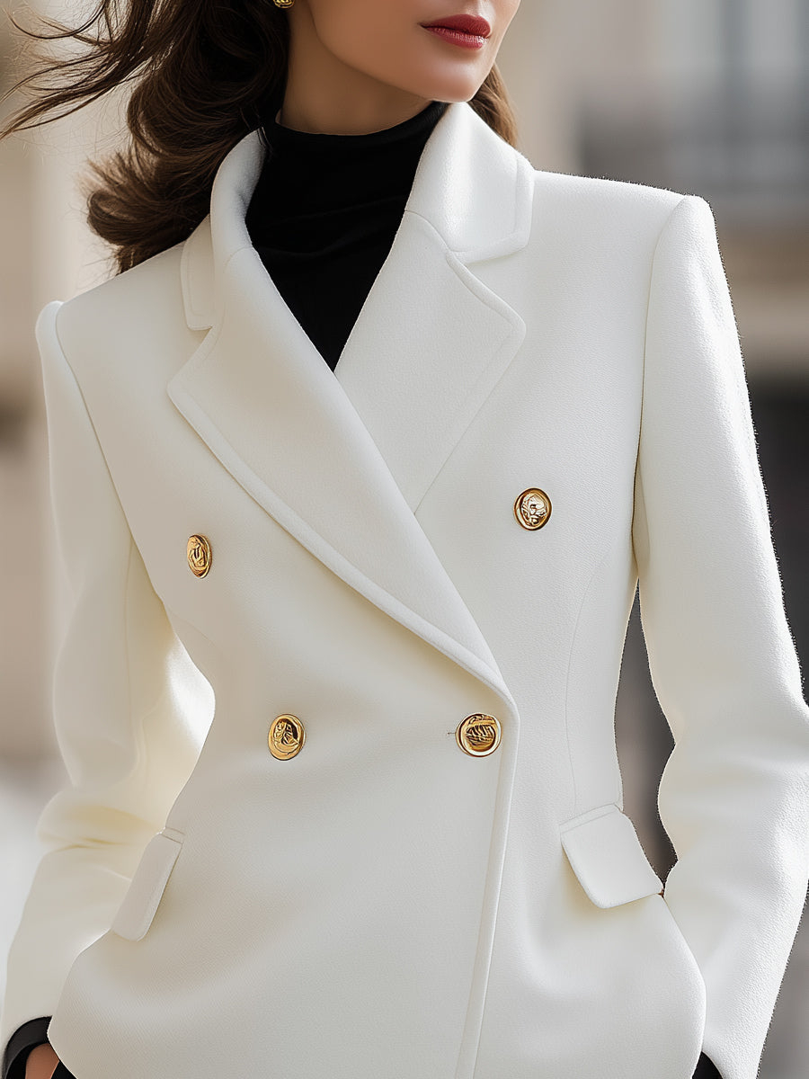 Tailored Wool-Blend Double-Breasted Gold-Button Blazer - Blazer
