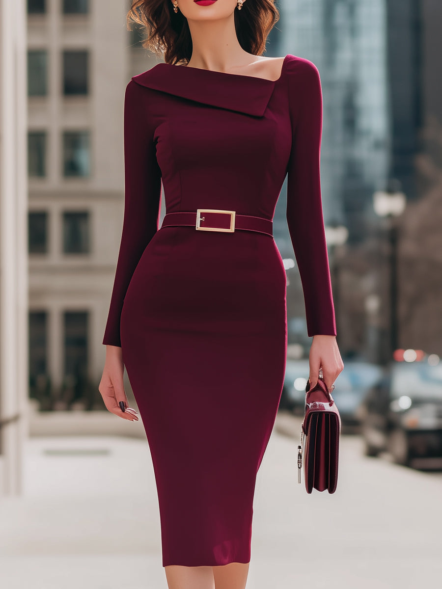 Elegant Wine Red Belted Pencil Silhouette - Midi Dress