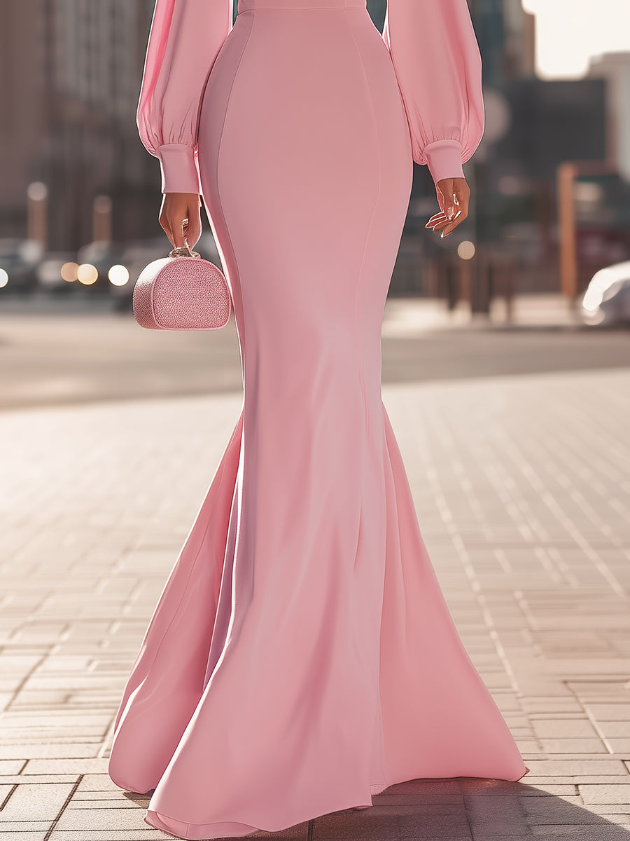 Blush Pink High‑Neck Mermaid Silhouette With Balloon Sleeves - Maxi Dress