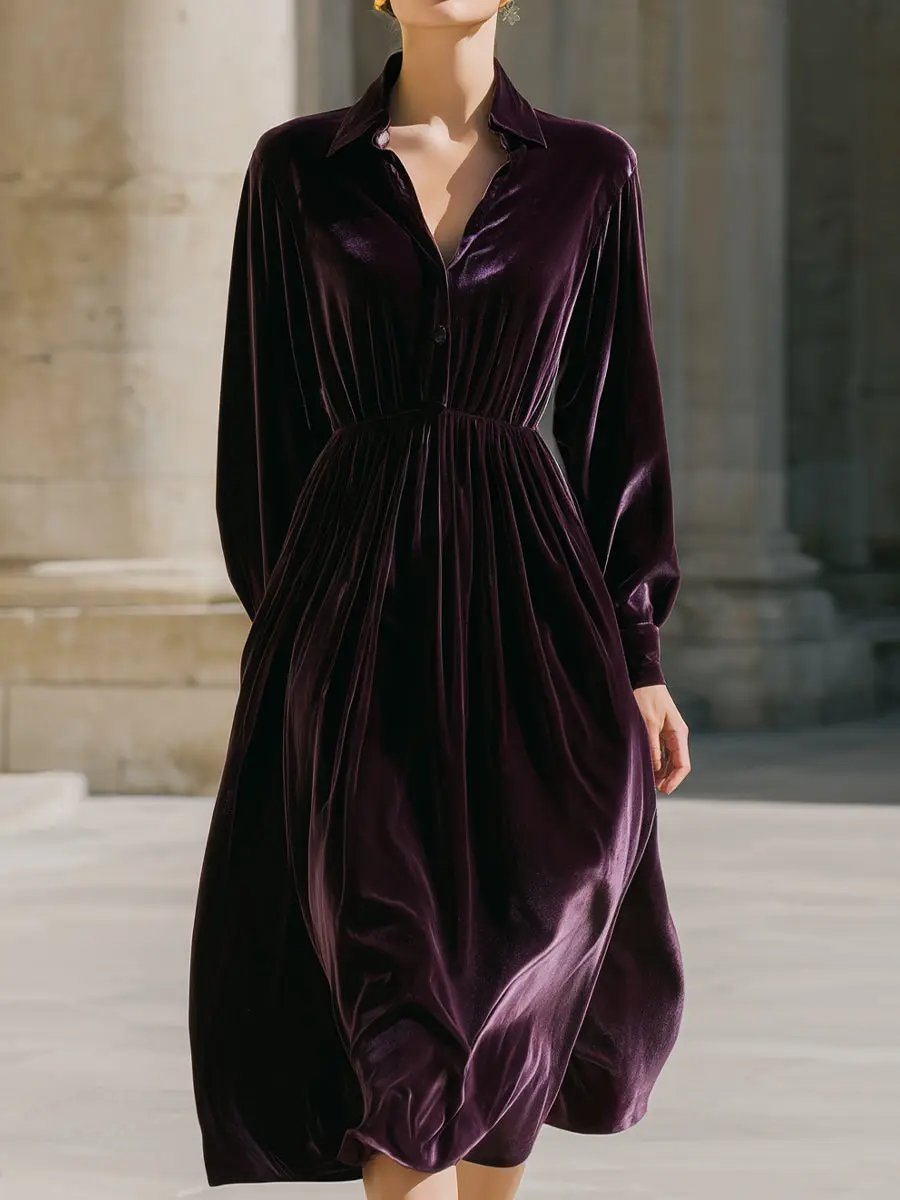 Aubergine Velvet Button-Front Shirt Dress - Midi Dress CASA LARO