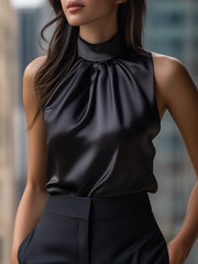 Black Satin High-Neck Sleeveless - Blouse