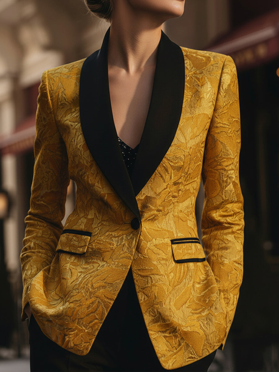 Golden Jacquard with Black Contrast Lapel - Tailored Blazer