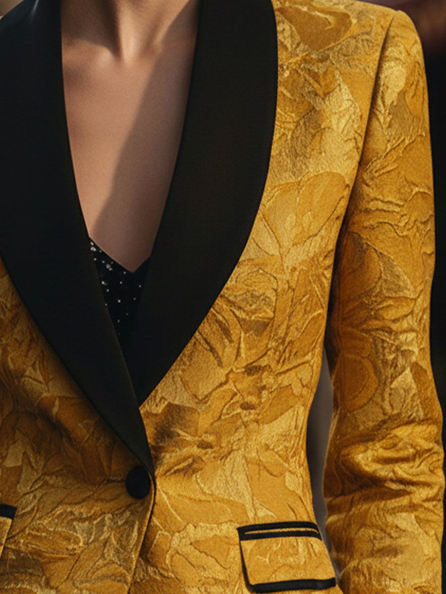 Golden Jacquard with Black Contrast Lapel - Tailored Blazer