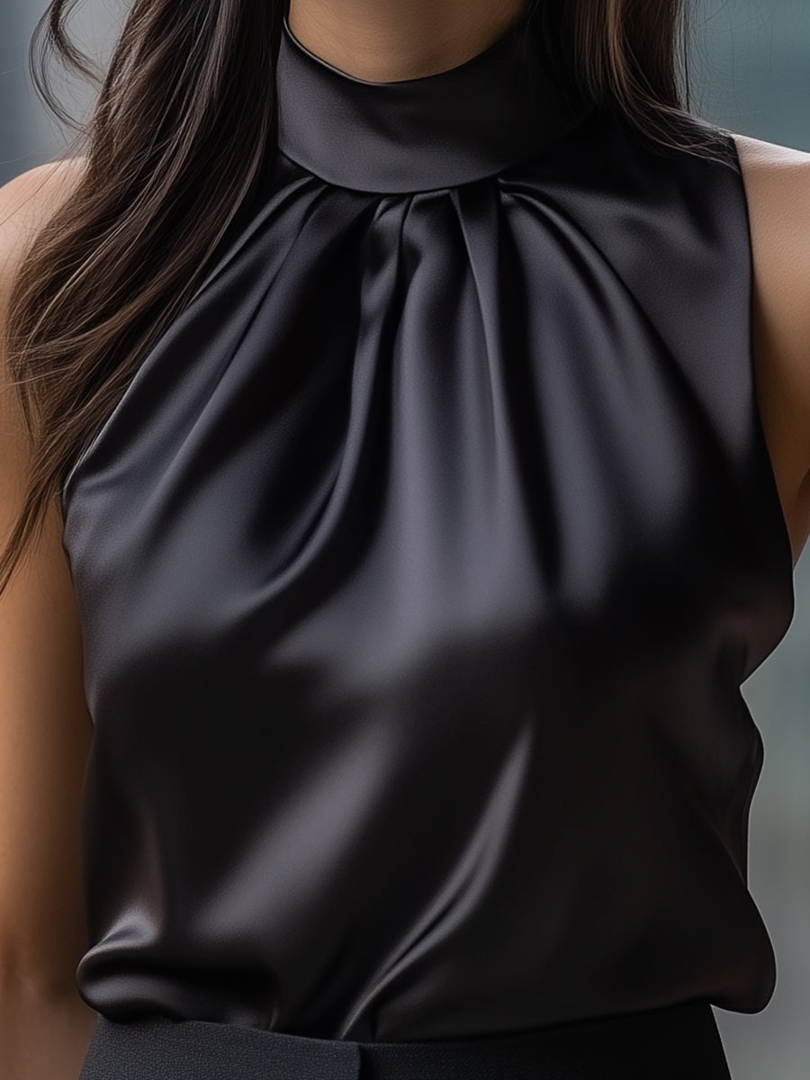 Black Satin High-Neck Sleeveless - Blouse