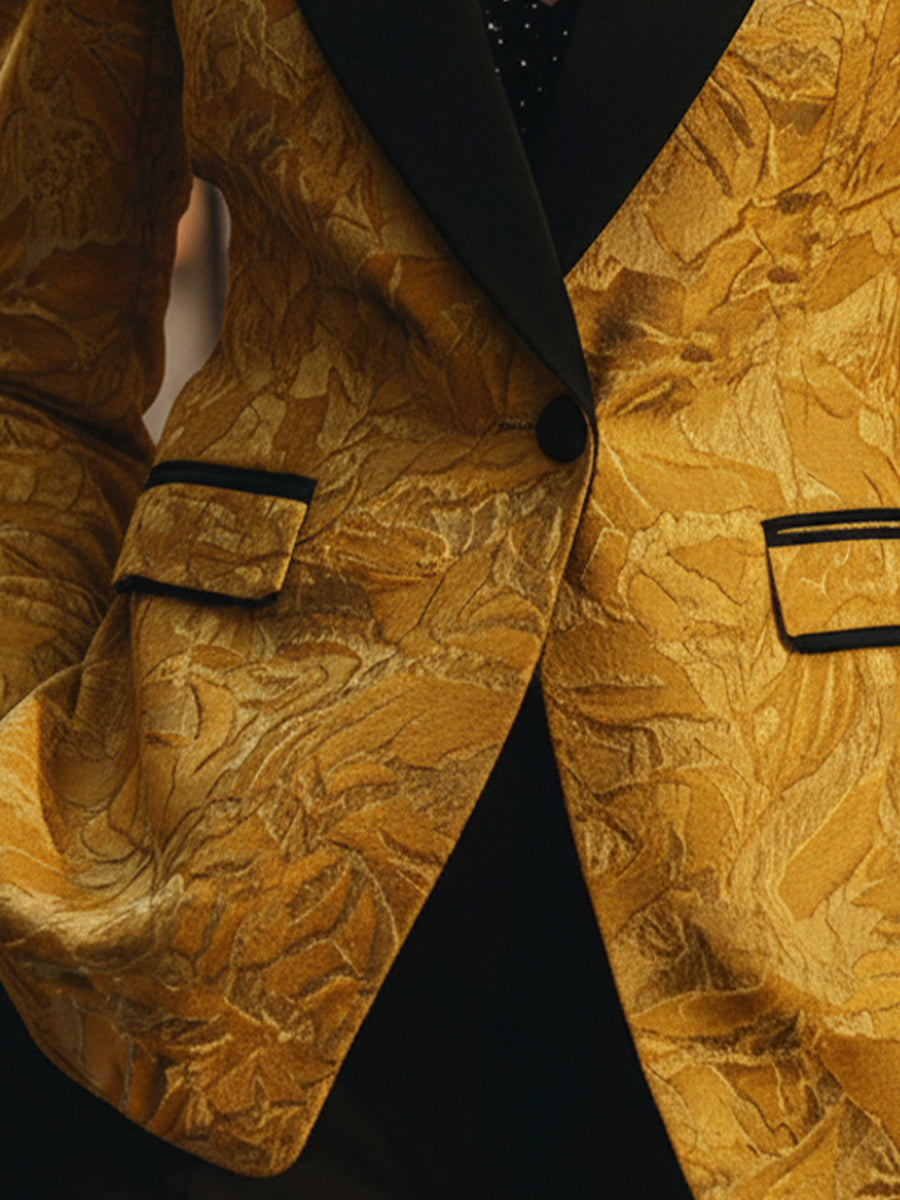Golden Jacquard with Black Contrast Lapel - Tailored Blazer