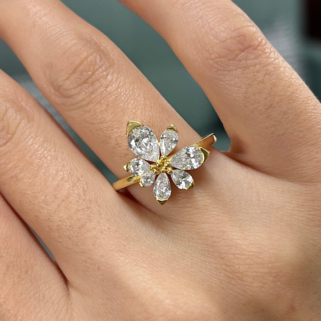Size 7.5 | Pear Cut Flower Design Asymmetric Blossom Engagement Ring Shineofdiamond