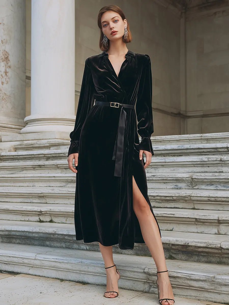 Black Velvet Belted Wrap - Midi Dress CASA LARO