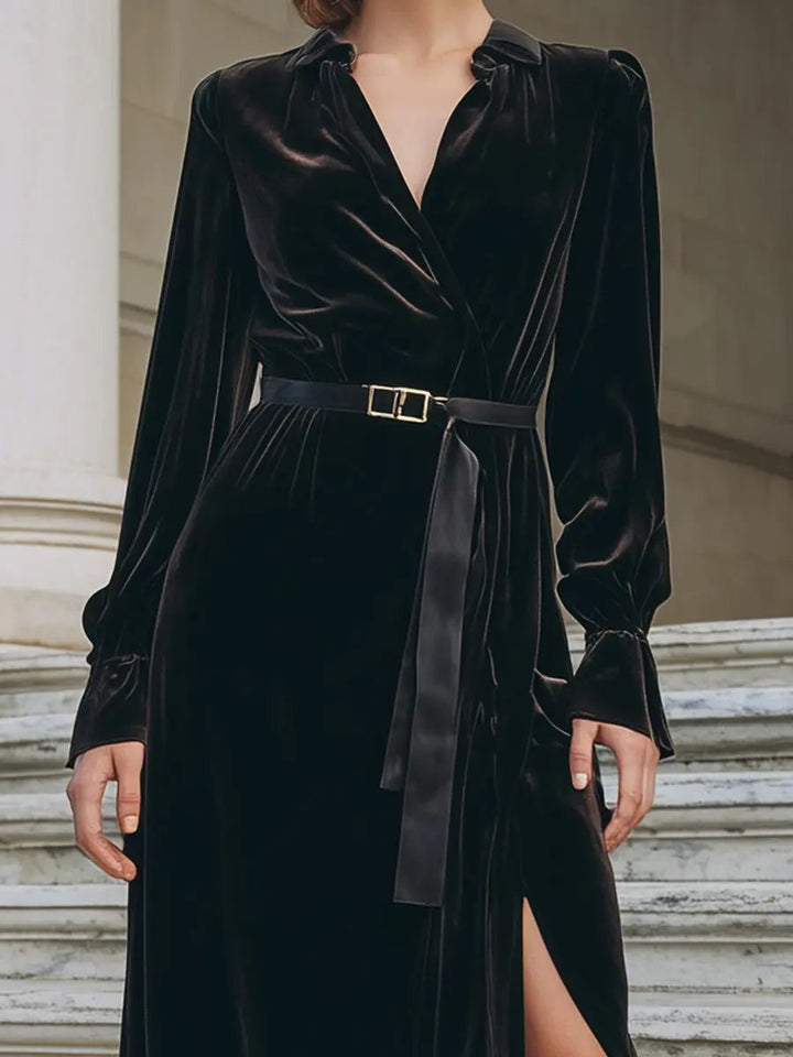 Black Velvet Belted Wrap - Midi Dress CASA LARO