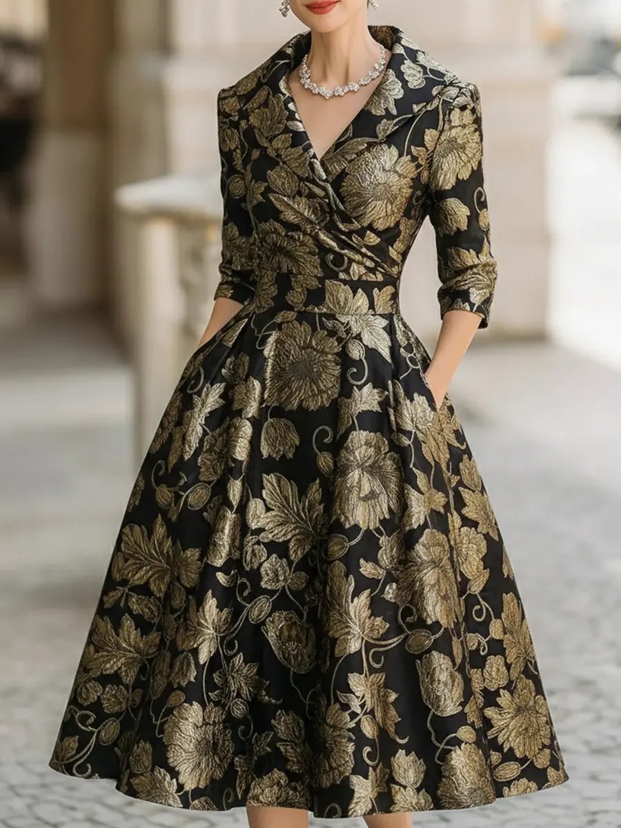 Black and Gold Jacquard Floral Metallic Detail - Midi Dress CASA LARO