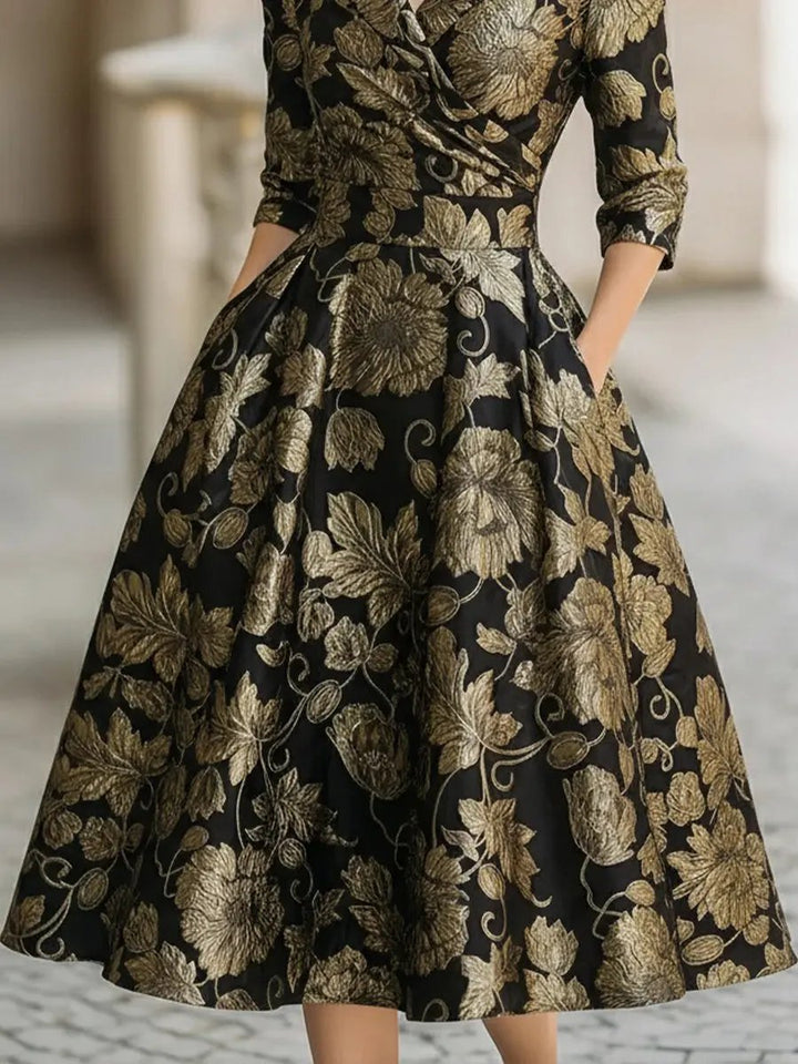Black and Gold Jacquard Floral Metallic Detail - Midi Dress CASA LARO