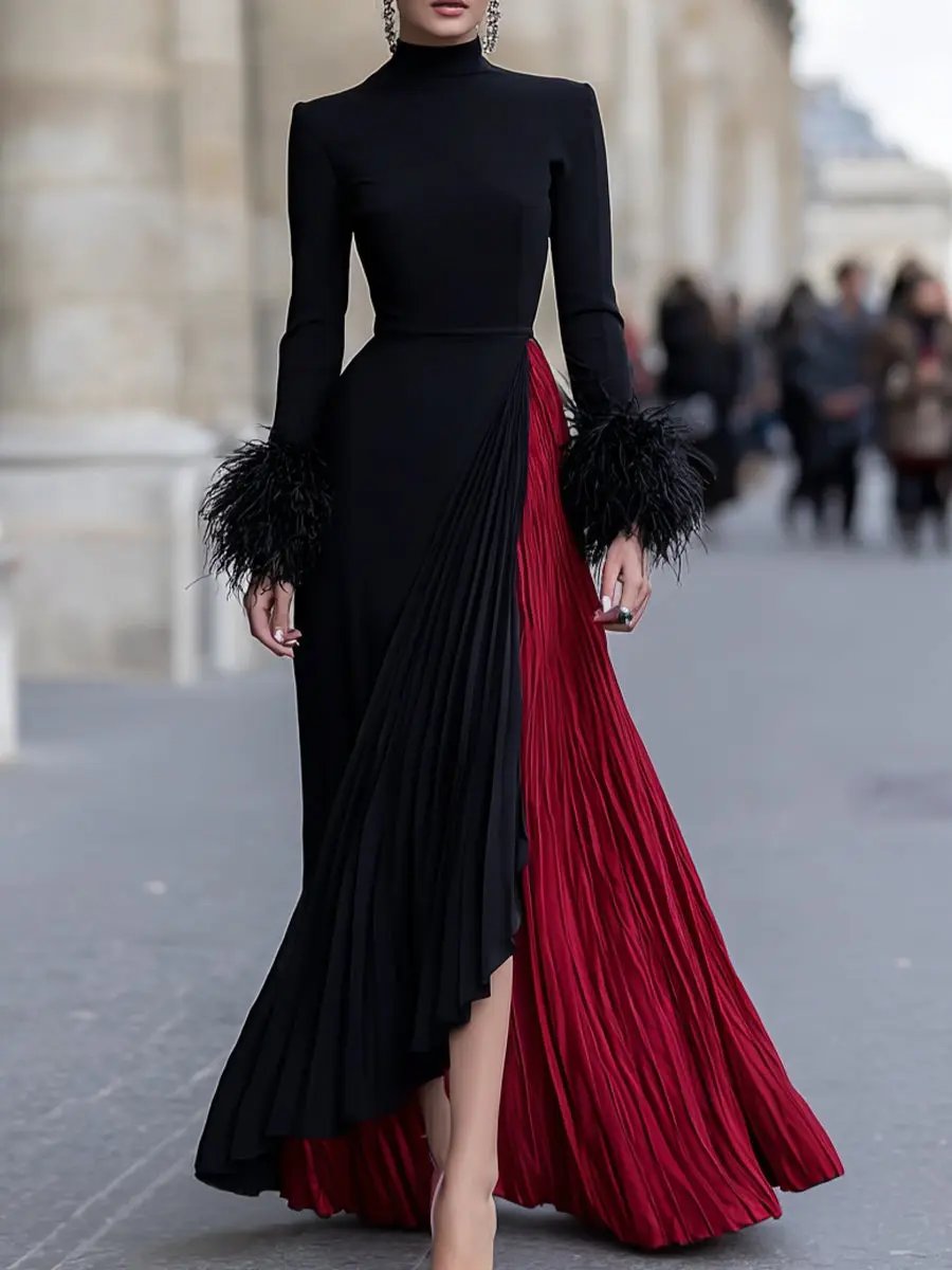 Black and Red Pleated Feather-Cuff Gown - Maxi Dress CASA LARO