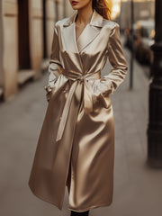 Women's Champagne Satin Tailored Trench, Timeless Elegance - Trench Coat