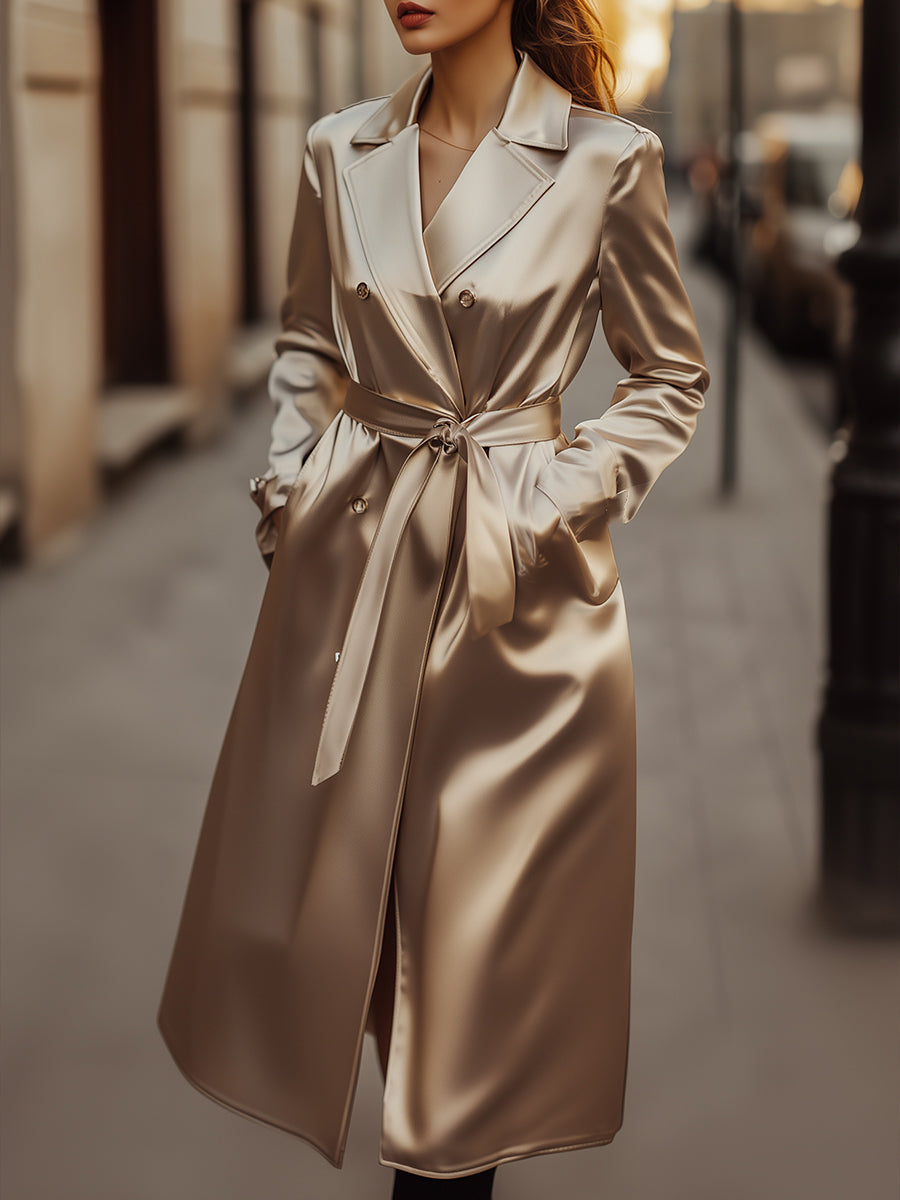 Women's Champagne Satin Tailored Trench, Timeless Elegance - Trench Coat