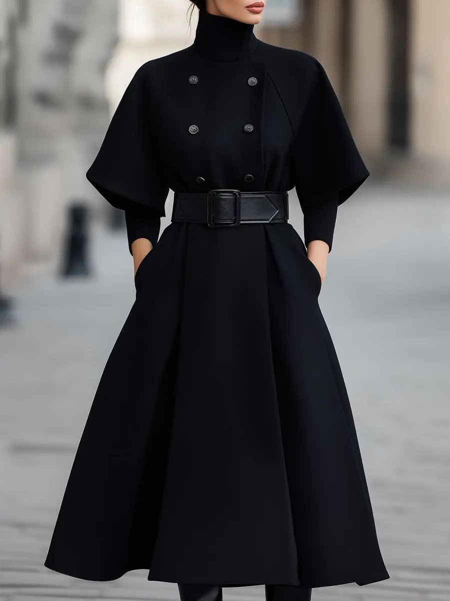 Cape-Sleeve Belted Waist-Tie Chic - Midi Dress CASA LARO