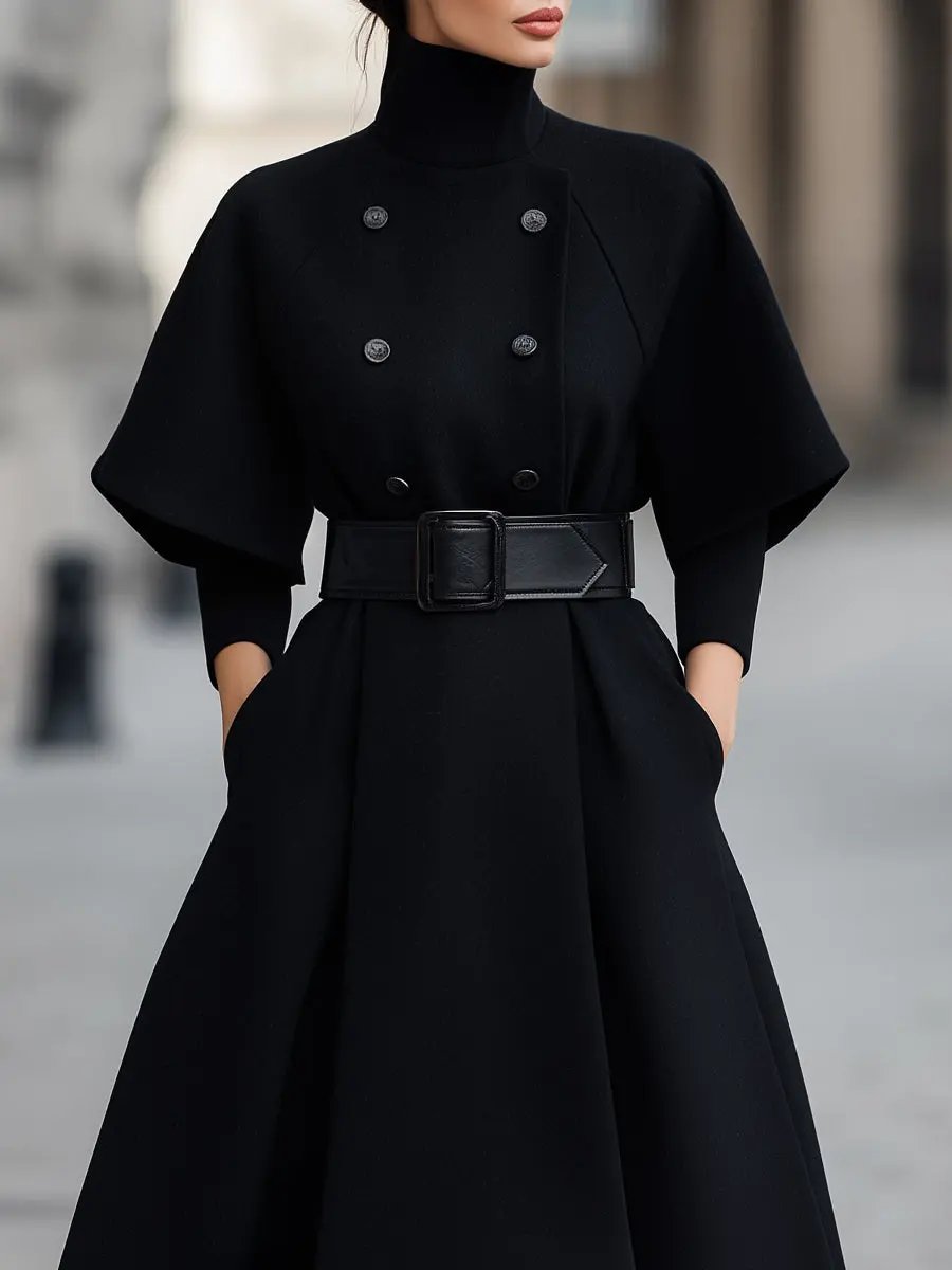 Cape-Sleeve Belted Waist-Tie Chic - Midi Dress CASA LARO