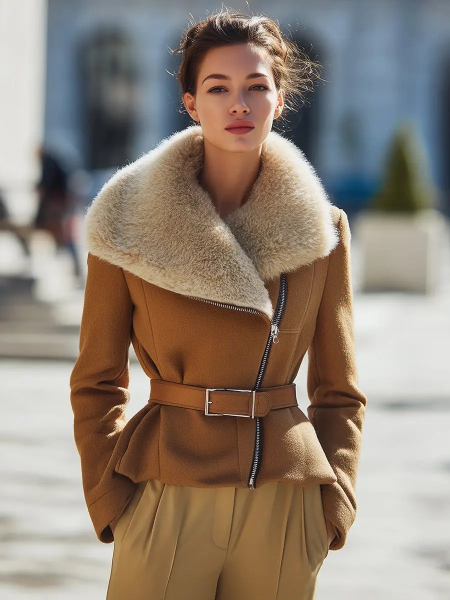 Caramel Wool Oversized Shearling Collar - Shearling Jacket CASA LARO