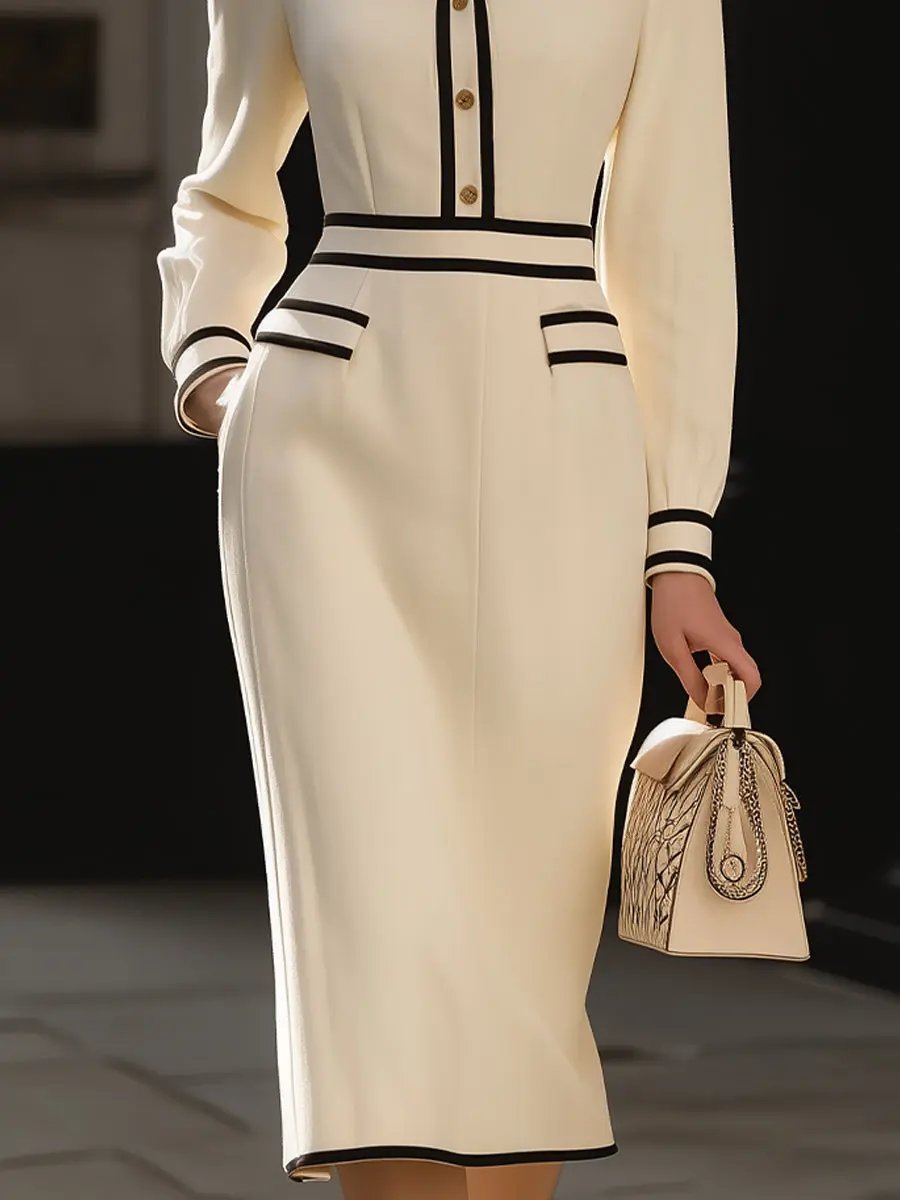 Classic Contrast-Trim Button-Front Midi Dress - Midi Dress CASA LARO