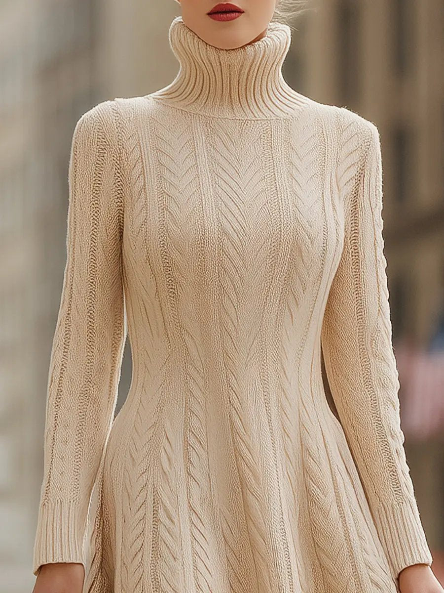 Cozy Chunky Cable-Knit Turtleneck Long Sleeve - Sweater Dress CASA LARO
