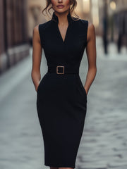 Sleek Sleeveless Black Belted Mandarin Collar - Sheath Dress