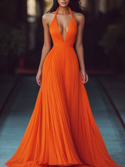 Pleated V-Neck Halter Flowy Sleeveless - Maxi Dress