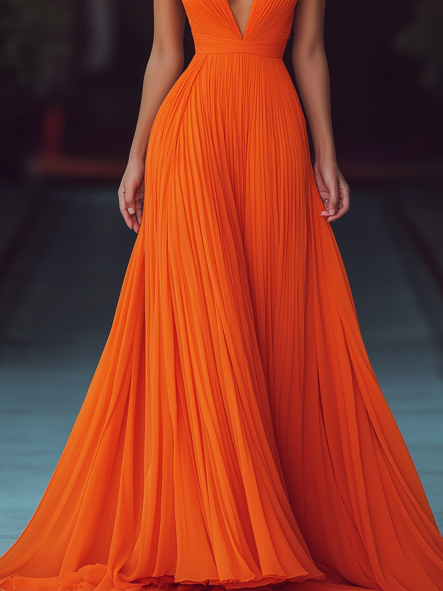 Pleated V-Neck Halter Flowy Sleeveless - Maxi Dress