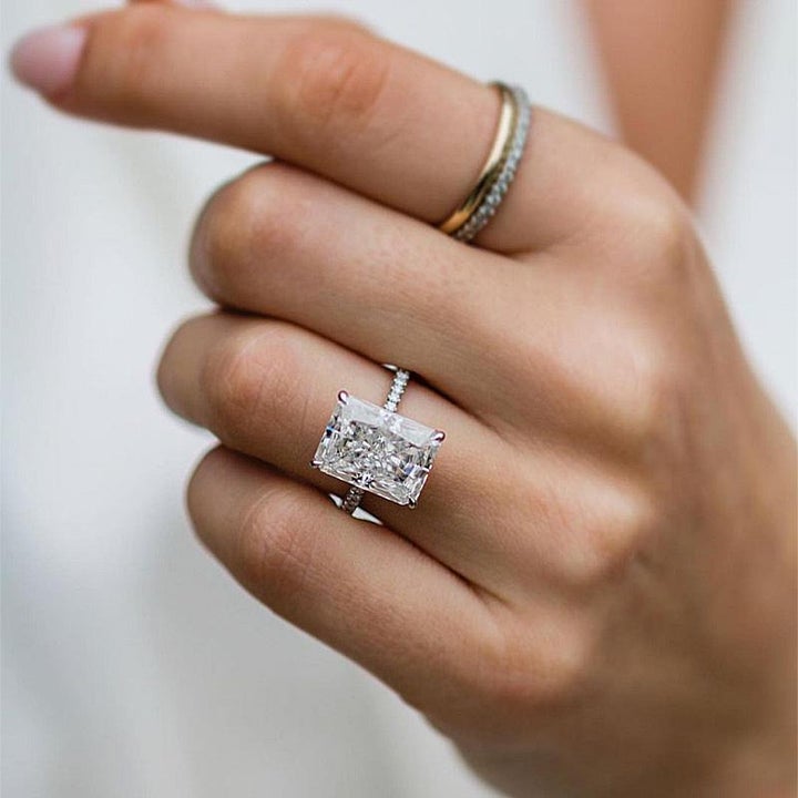 Radiant Cut Sterling Silver Engagement Ring With Half Eternity Band shineofdiamond