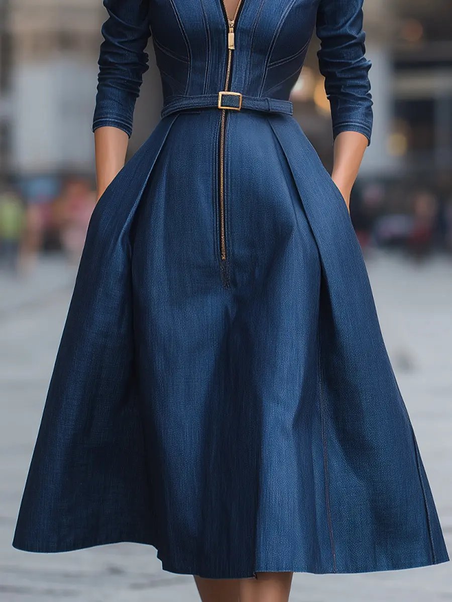 Elegant Belted Zippered Denim - Midi Dress CASA LARO