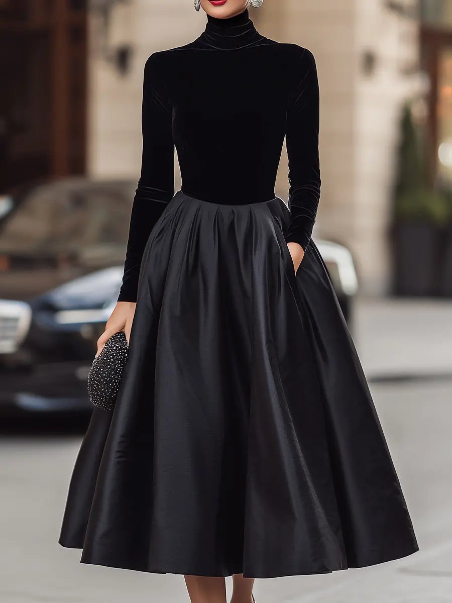 Elegant Black Velvet With Satin Trim - Midi Dress CASA LARO