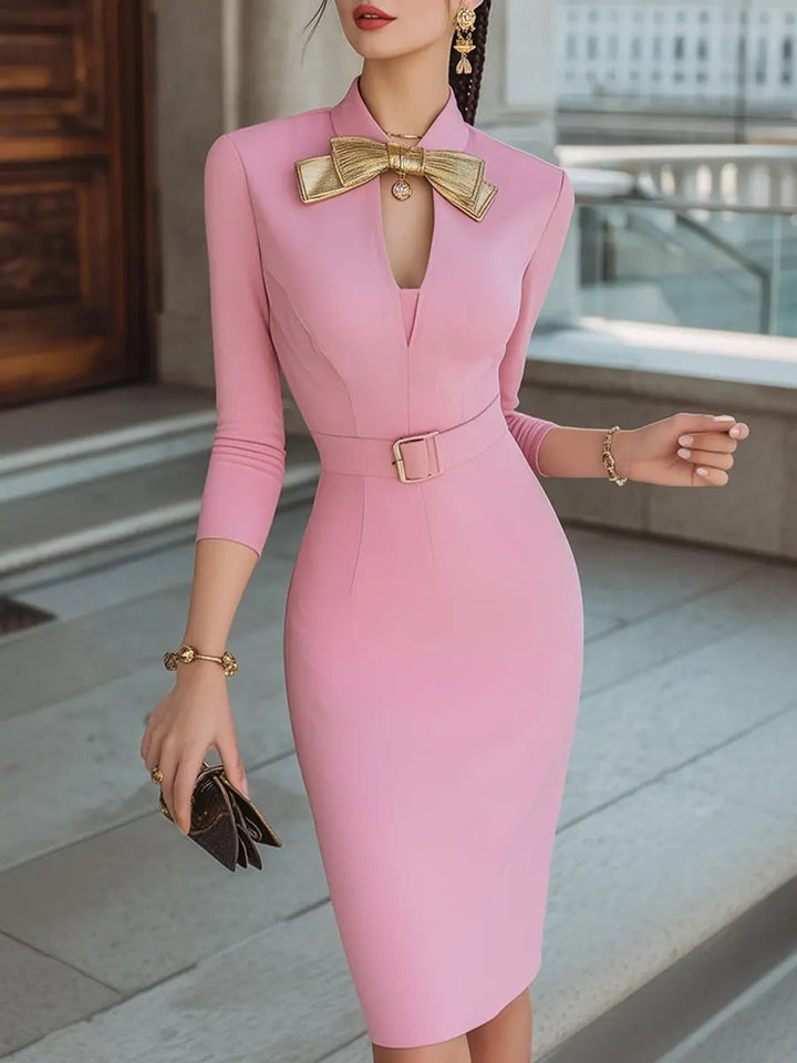 Elegant Bow Collar Pencil Silhouette - Midi Dress CASA LARO