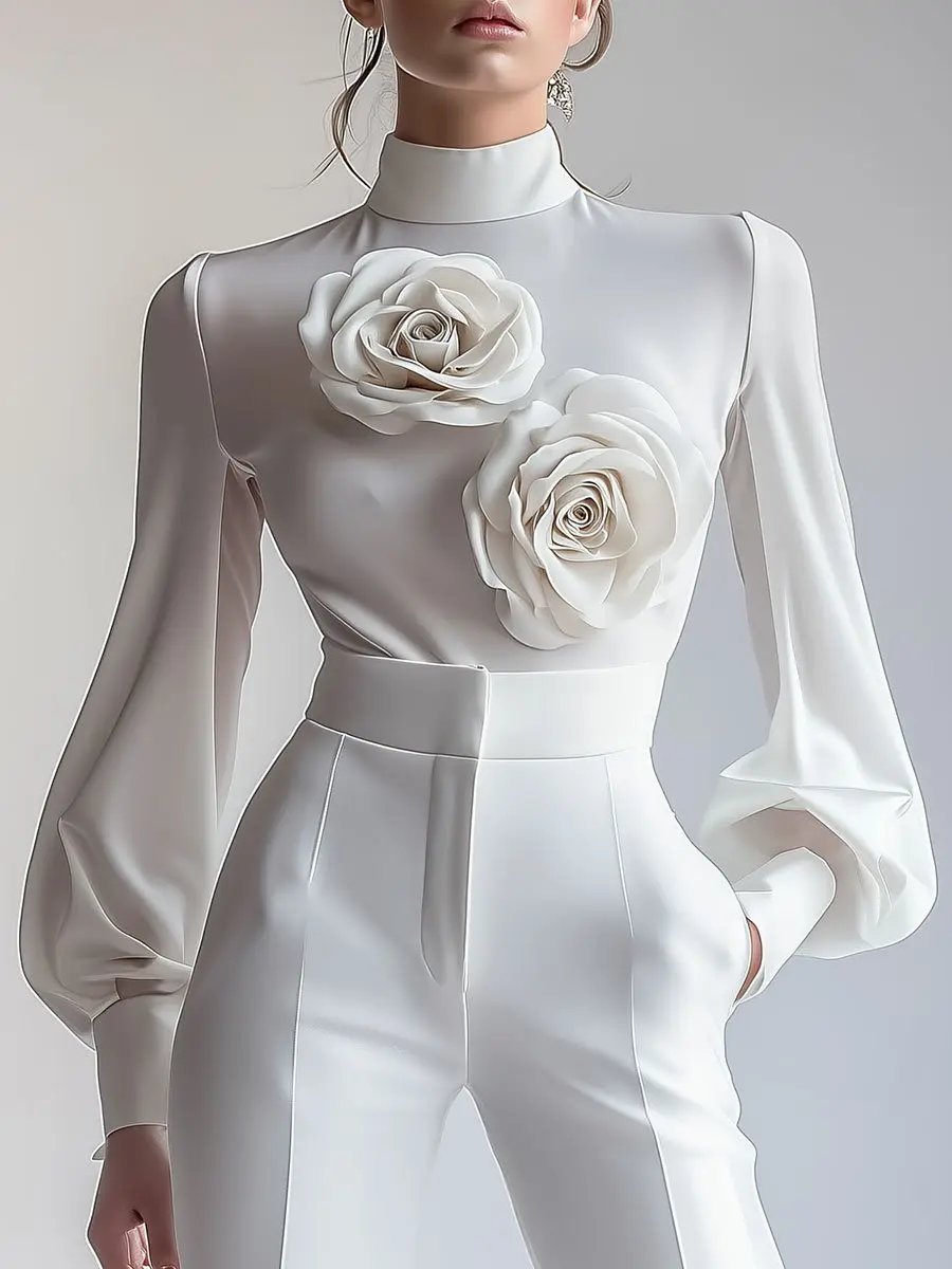 Elegant White High-Neck 3D Floral Detail - Blouse CASA LARO
