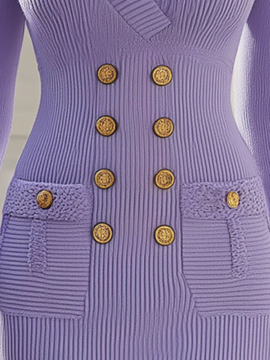 Elegant Lilac Double-Breasted Knit - Midi Dress