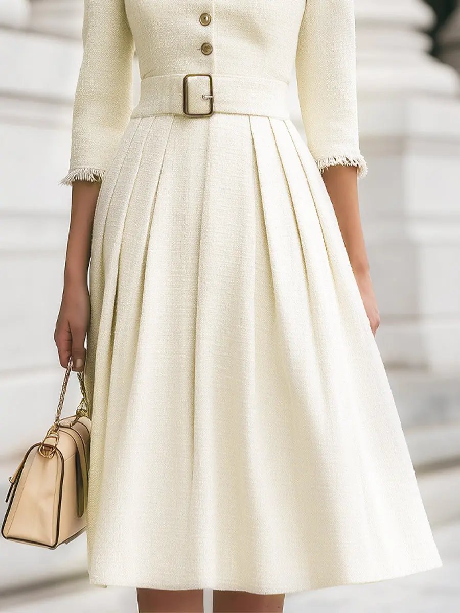 Fringed-Trim Tweed Belted Dress - Midi Dress CASA LARO