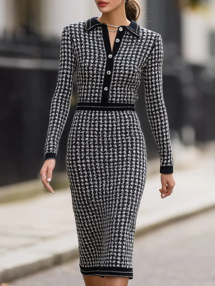 Houndstooth Knit With Contrast Collar - Midi Dress CASA LARO