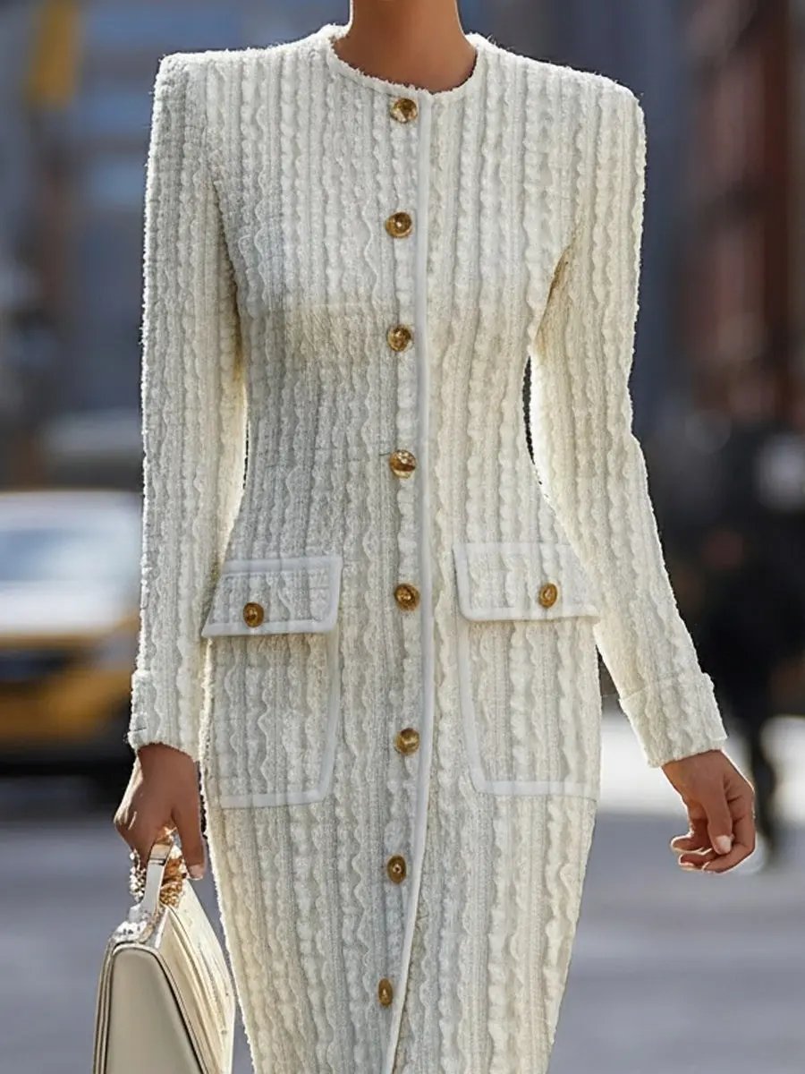 Ivory Textured Knit With Gold Buttons - Midi Dress CASA LARO